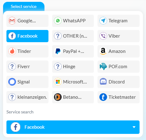 Select Facebook service and number type on Smspva